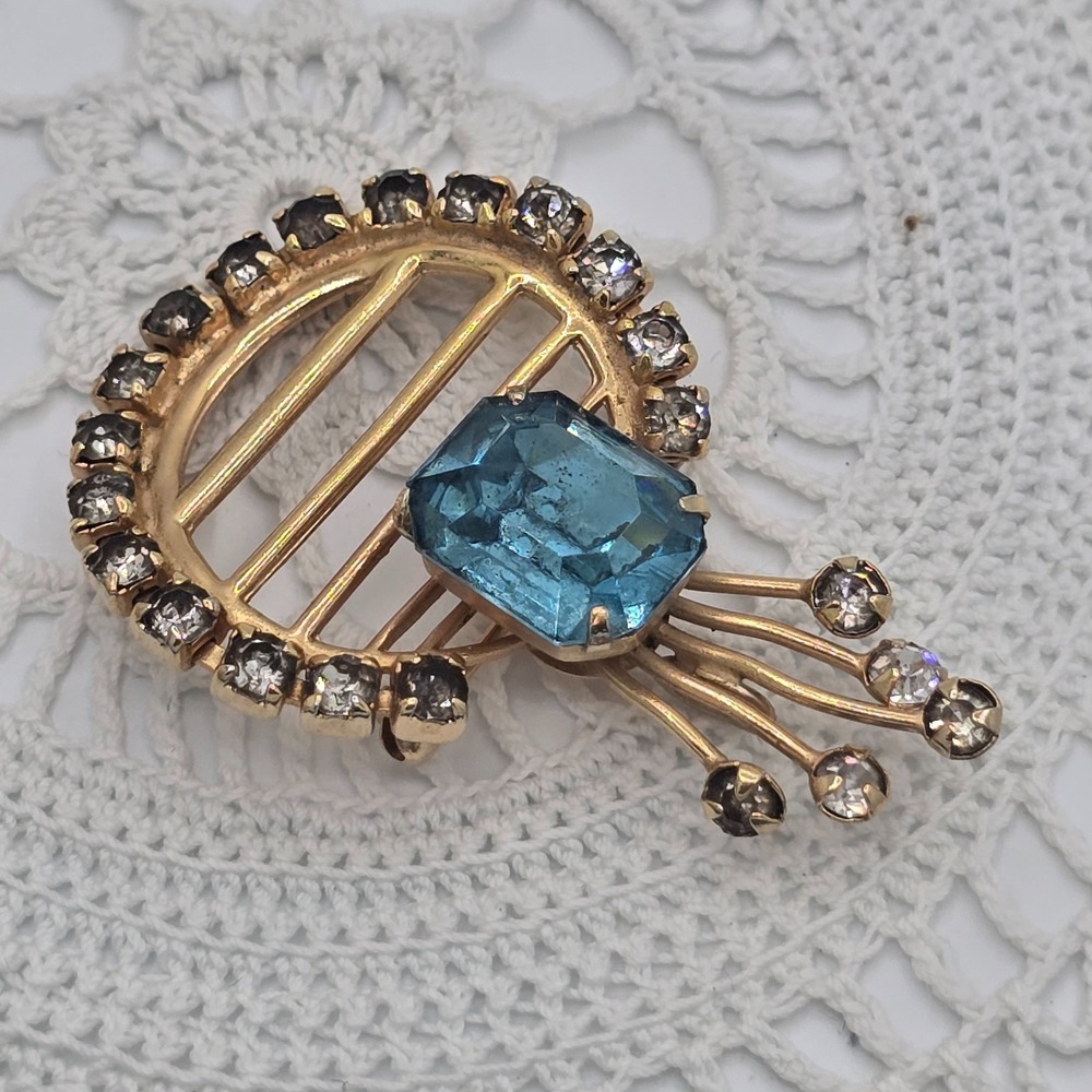 SCITARELLI Rhinestone Gold Tone Brooch Blue Circle Pendant